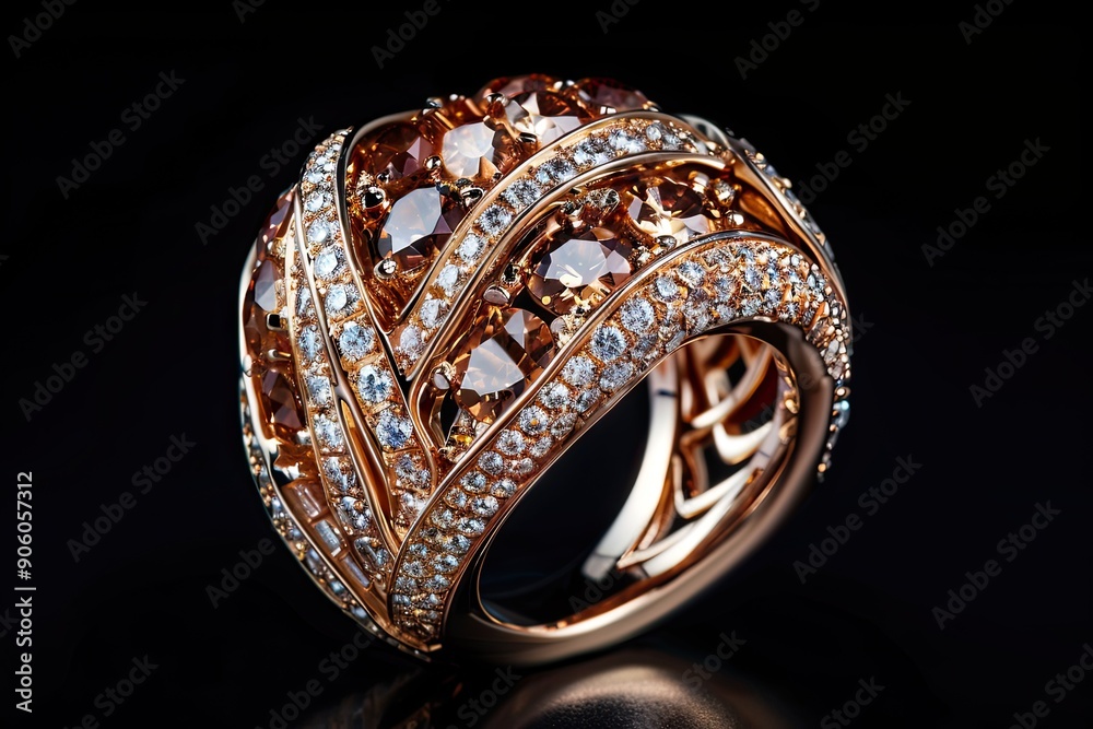 Fototapeta premium Beautiful expensive ring with diamonds on black background