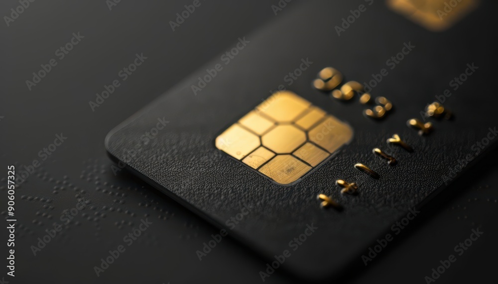 Closeup of a black credit card with a gold chip on a dark background. Closeup of a black credit card with a gold chip on a dark background.