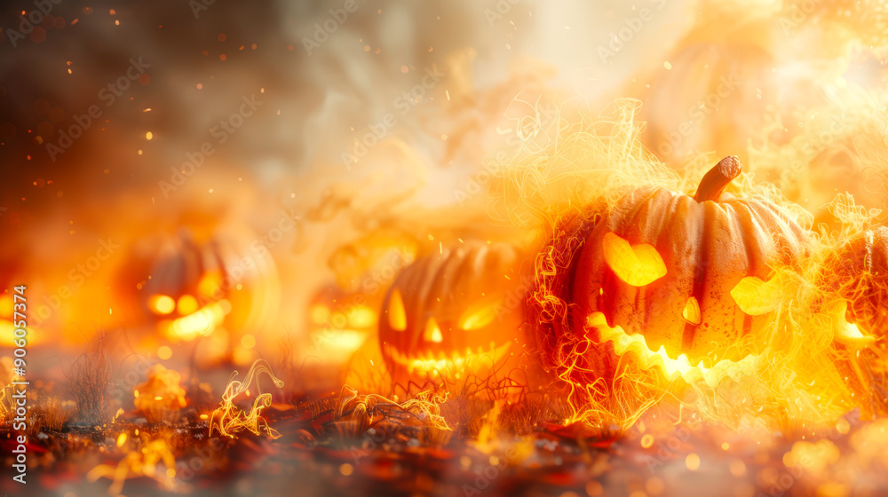 Halloween celebration. A poster with a copy space. Burning pumpkins with evil grins create a creepy atmosphere Halloween celebration. A poster with a copy space. Burning pumpkins with evil grins create a creepy atmosphere