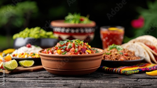 A vibrant outdoor celebration with tables filled with Mexican foods, drinks, and decorations