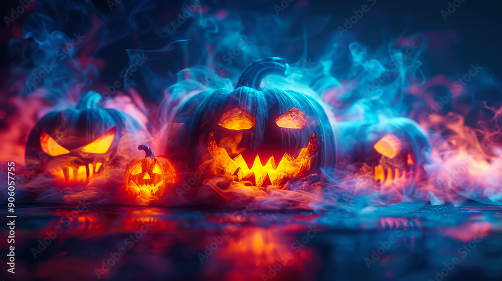 Several pumpkins with glowing eyes and mouths are surrounded by colored smoke. A Halloween poster. All Saints' Night Several pumpkins with glowing eyes and mouths are surrounded by colored smoke. A Halloween poster. All Saints' Night
