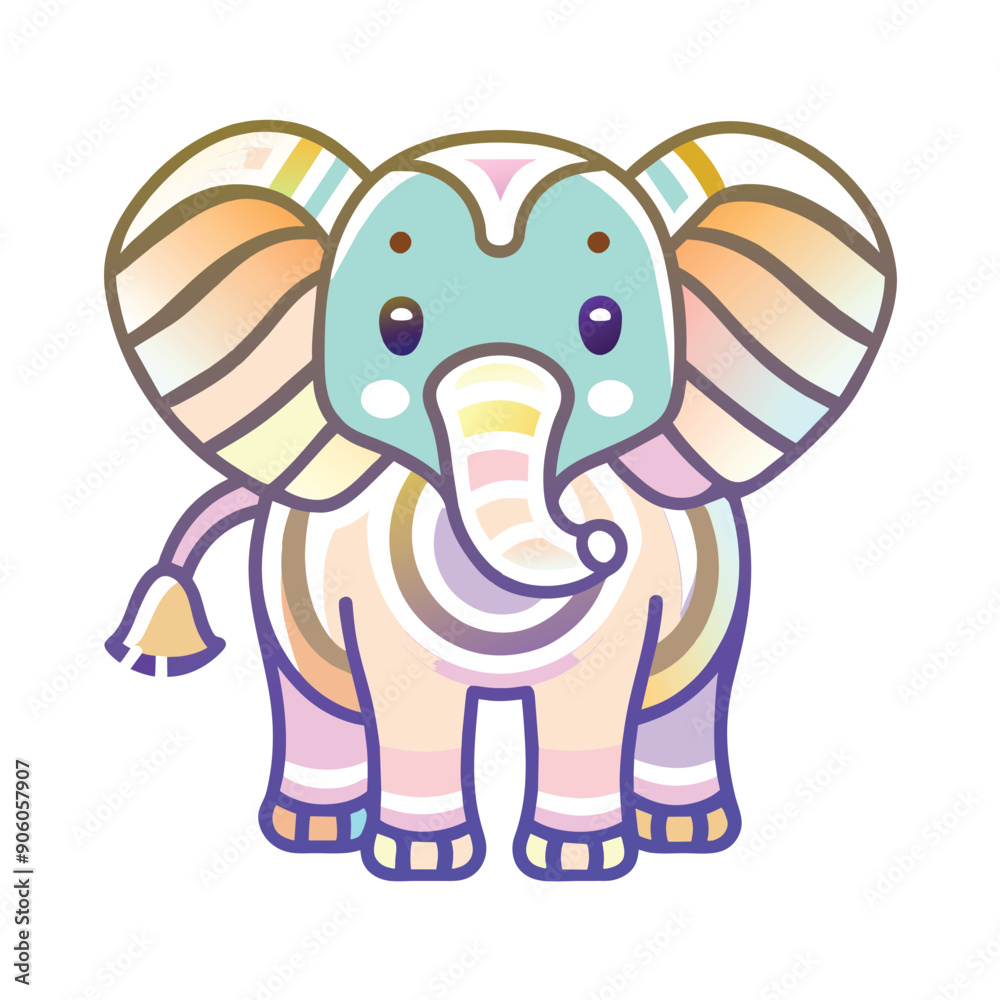 Naklejka premium Cute Cartoon Elephant with Pastel Rainbow Pattern