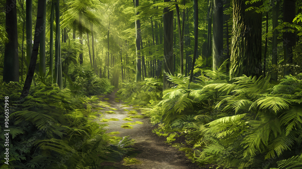 Obraz premium Dense forest, with tall trees and a small path