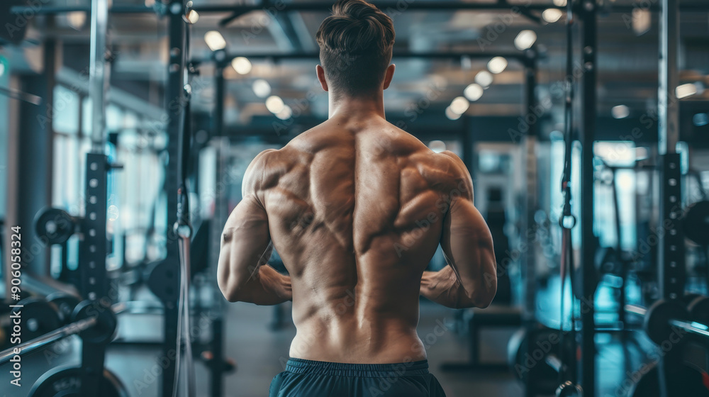 A man with a muscular back is posing in a gym. Concept of strength and fitness, as the man's well-developed muscles are on display A man with a muscular back is posing in a gym. Concept of strength and fitness, as the man's well-developed muscles are on display