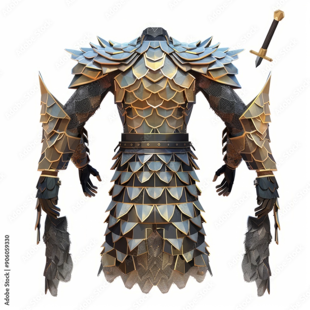 Fototapeta premium 3D Render, Low Poly style of a Persian warrior's scale armor set, on isolated white background, Generative AI