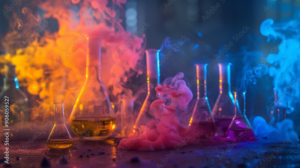 chemistry experiment with smoke in test tube and glass bottle