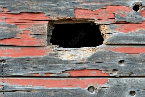 Hole in weathered wooden wall, cut out, ai