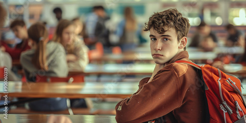 A teenage boy sat alone at a table in the school cafeteria with a sad look. bullying concept photo