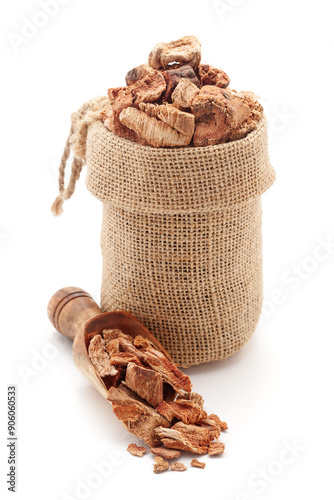 Close-up of Dry Organic Semal Musli (Bombax Mulabaricum) herb, in a jute bag and on a scoop, Isolated on a white background. photo