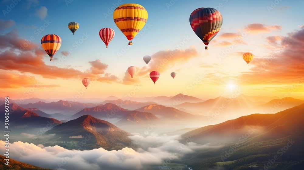 Fototapeta premium Beautiful sunrise landscape with colorful hot air balloons in the sky, nature travel destination, vibrant hues, photo-realistic, scenic banner background