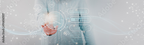 Futuristic online auction technology concept, Businessman using finger touch hammer icon, AI network bid winner highest bidder in final lift, auctioned business competition, e-auction, online bidding.