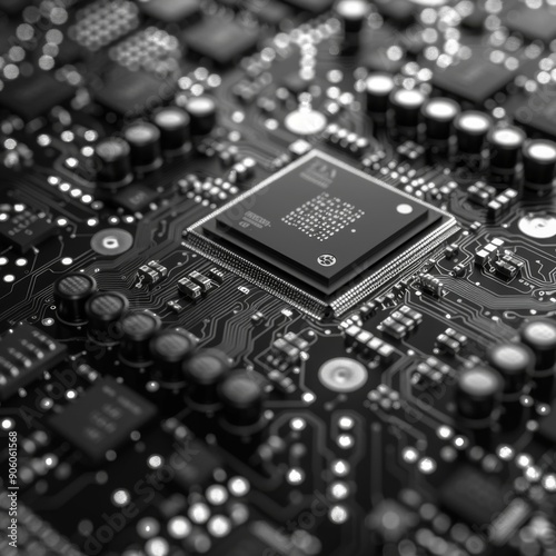 Monochrome View of a CPU Chip and Electronic Components on a Motherboard, Showcasing Hardware Engineering and the Intersection of AI and Blockchain Technology