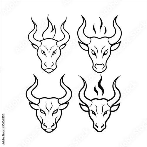 fuego ardiente como silueta con forma de cabeza de toro line art vector