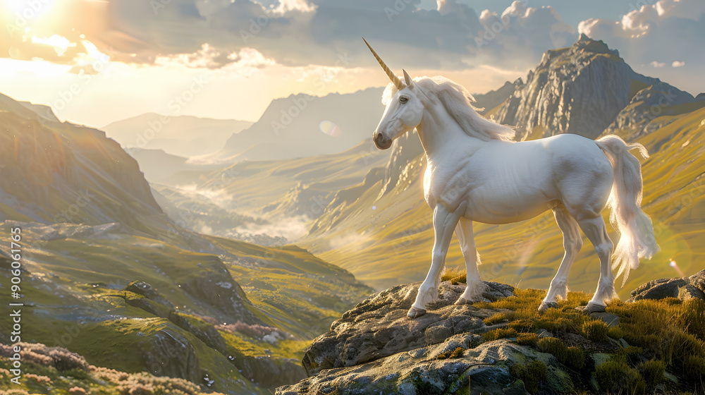 A regal unicorn posed majestically on a rocky mountain ledge overlooking a vast valley with distant peaks Dramatic lighting from the setting sun casts striking shadows A regal unicorn posed majestically on a rocky mountain ledge overlooking a vast valley with distant peaks Dramatic lighting from the setting sun casts striking shadows