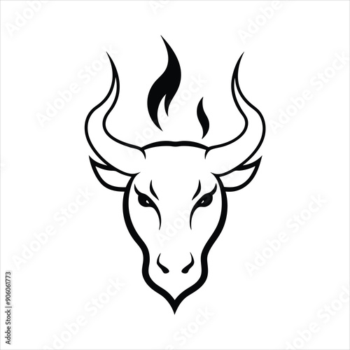 fuego ardiente como silueta con forma de cabeza de toro line art vector