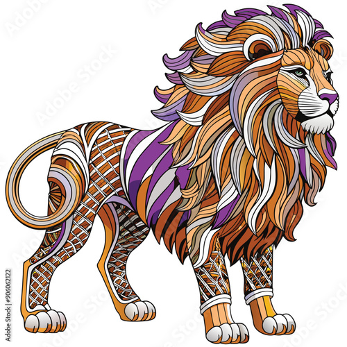 A Detailed Illustration of a Lion with Purple and Gold Patterned Fur photo