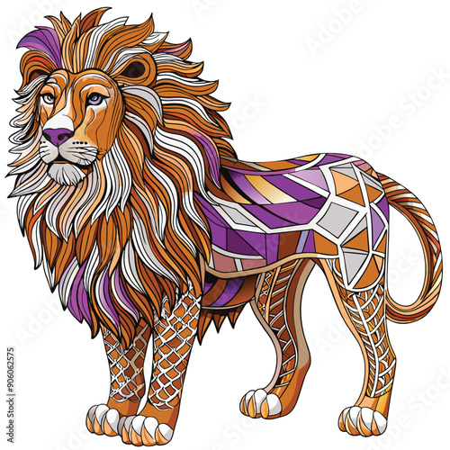A stylized lion with geometric patterns in purple and orange