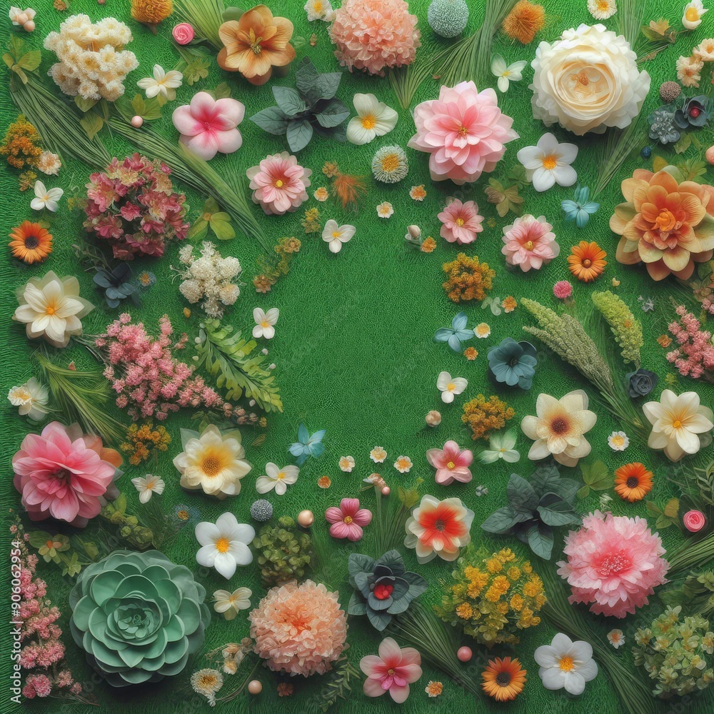 Top view bright green grass field and flower background
Top view bright green grass field and flower background