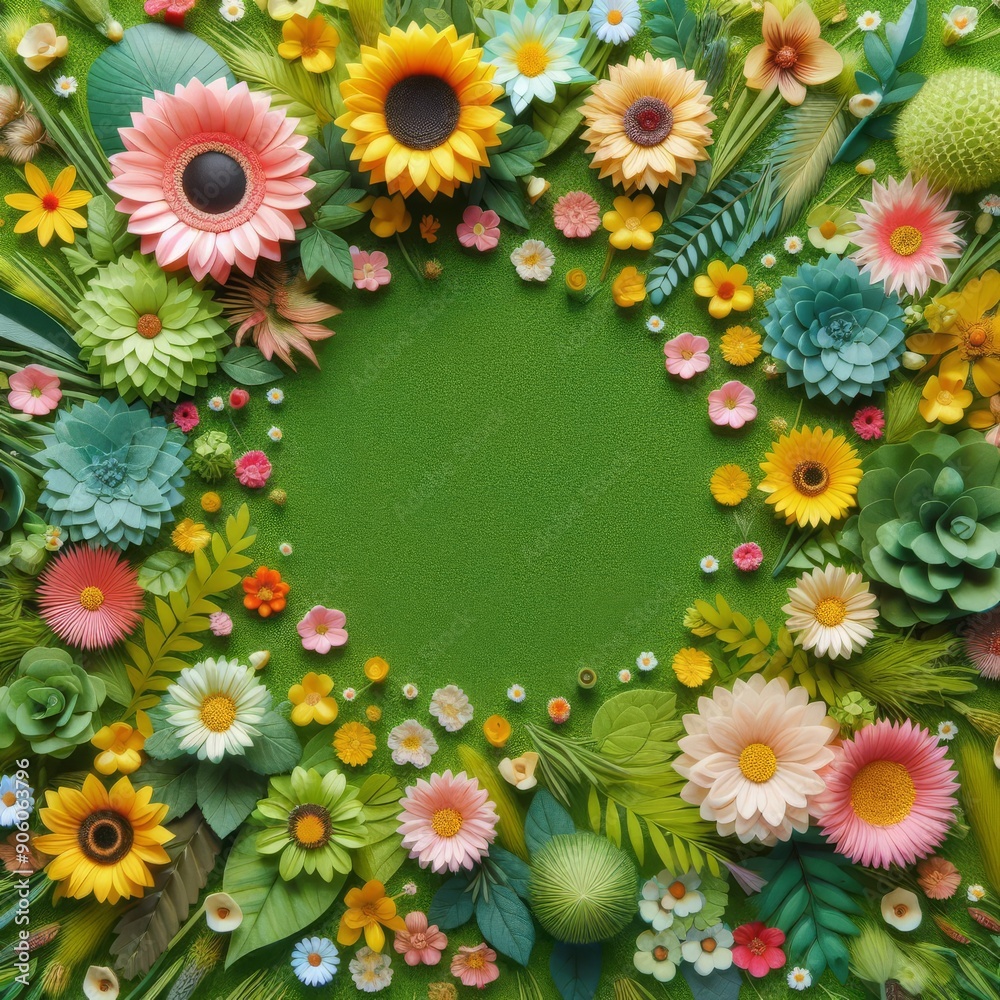 Top view bright green grass field and flower background
