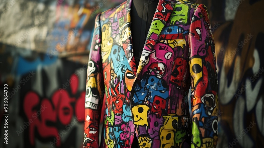 Fototapeta premium Urban Vibe - Graffiti-Style Suit Jacket with Street Art Patterns for Colorful and Edgy Fashion Statement