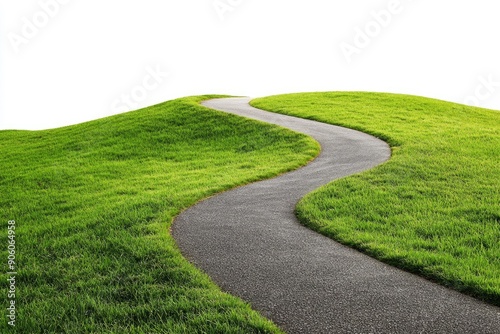 Winding asphalt path through green grass, cut out , ai