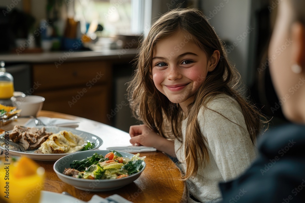 Young Girl Smiling at the Camera While Sitting at a Table Set for Dinner Young Girl Smiling at the Camera While Sitting at a Table Set for Dinner