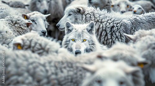 A striking photograph of a white wolf seamlessly blending among a flock of sheep standing out with its piercing yellow eyes  The contrast between the wolf s predatory presence and the docile sheep photo