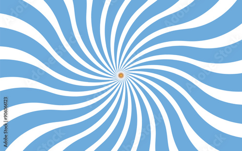 Vibrant Spiraling Retro Sunburst Argentine Flag Abstract Background in sky blue and white with a golden Sun of May.