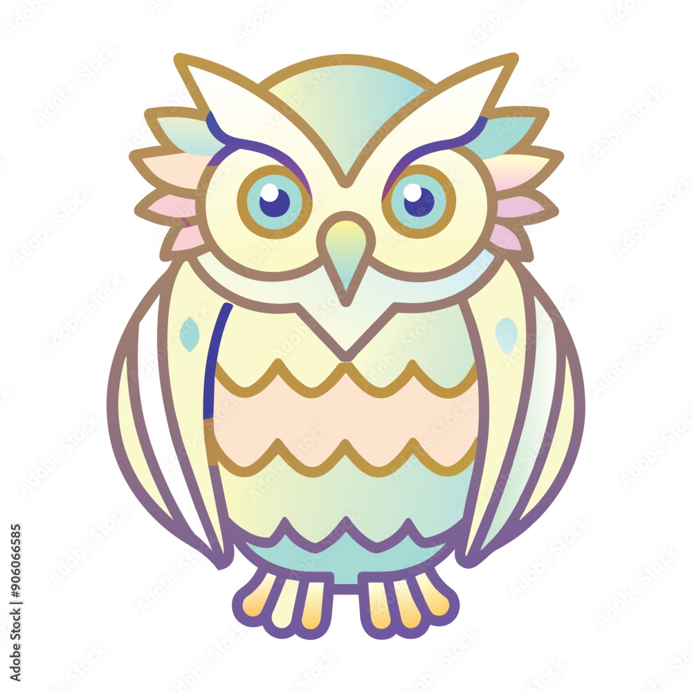 Naklejka premium Colorful Cartoon Owl with Yellow, Green, and Pink Feathers