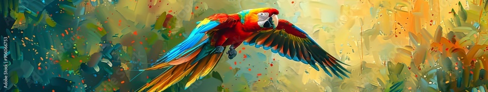 Obraz premium Abstract Macaw Parrot in Flight through a Tropical Jungle, an Artistic Oil Painting Illustration of Avian Freedom and Exuberance.