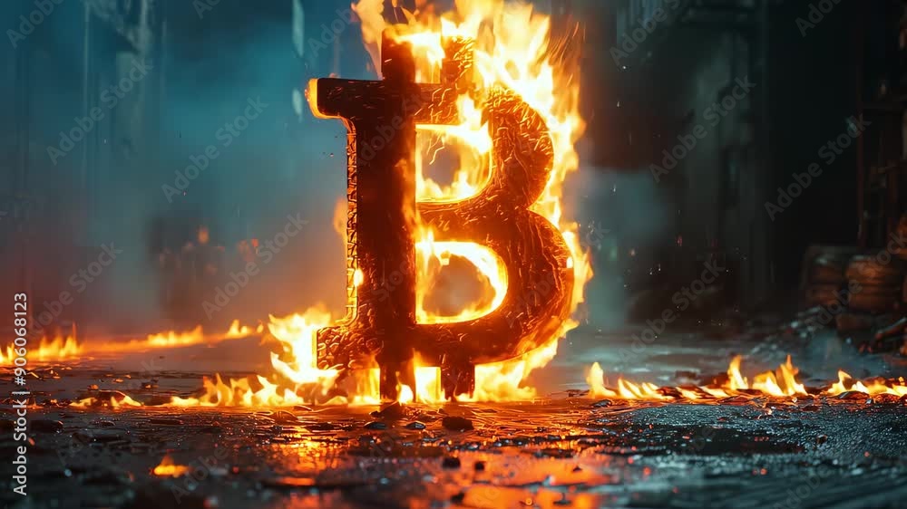 Burning bitcoin symbol in flames at night