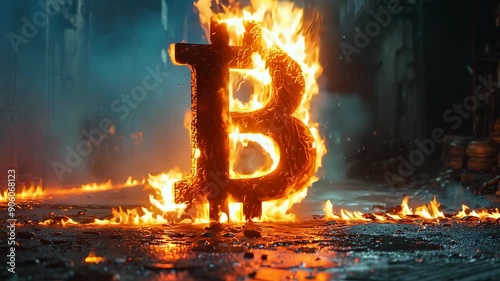 Burning bitcoin symbol in flames at night