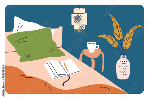 Vector illustration of flat cartoon bedroom scene, cozy bed with pillows and blankets, journal with pencil, cup of coffee on nightstand, plant in vase. Relaxation and comfort themes, bedtime habits