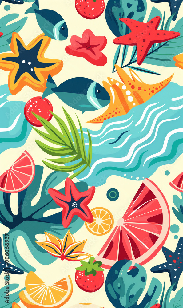 Naklejka premium Vibrant and Colorful Juicy Fruit Pattern Background with Exotic Fruits on a Summer Picnic Theme