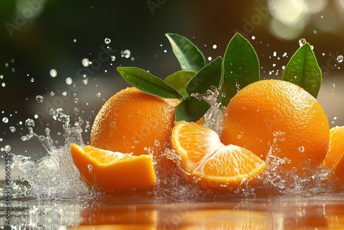 Fresh delicious oranges splashing with leaves, cut out, ai