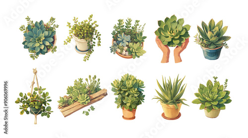 Set of illustrations of succulents, house plants, gardening. green echeveria, aeonium, crassula, sedum, aloe in ceramic pots. Сlipart illustration on a transparent background