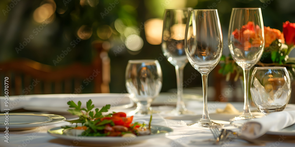 Elegant Dining Setup: Table with Wine Glasses and Flowers, Fine Dining Experience: Beautiful Table Setting Elegant Dining Setup: Table with Wine Glasses and Flowers, Fine Dining Experience: Beautiful Table Setting