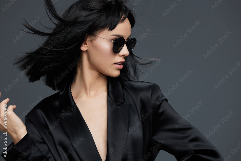 Asian woman, black suit, sunglasses, posing, gray background a stylish asian woman in a sleek black suit and trendy sunglasses confidently poses against a neutral gray backdrop Asian woman, black suit, sunglasses, posing, gray background a stylish asian woman in a sleek black suit and trendy sunglasses confidently poses against a neutral gray backdrop