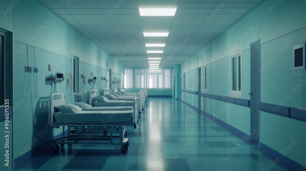Fototapeta premium A contemporary hospital interior with a clean, minimalist aesthetic. The waiting area features modern furniture, soft lighting, and an overall peaceful atmosphere.