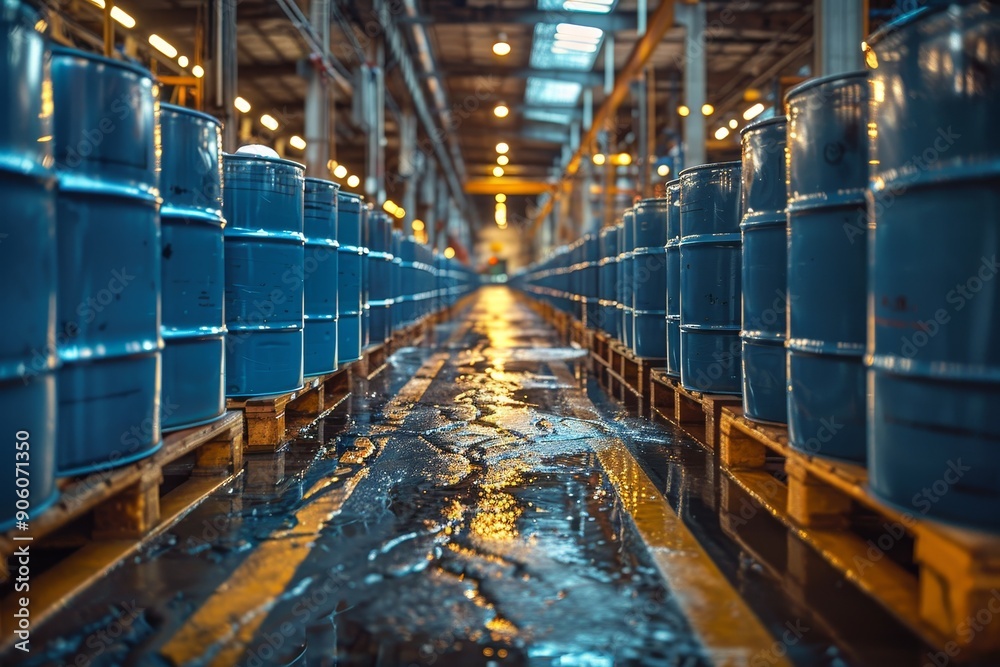 Fototapeta premium Chemical warehouse blue metal barrels on pallets in chemical product storage facility
