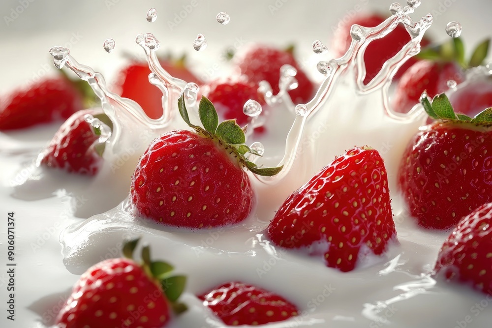 Fresh strawberries splashing into creamy milk or yoghurt, cut out, ai Fresh strawberries splashing into creamy milk or yoghurt, cut out, ai