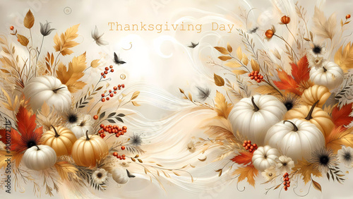 Pumpkins. Delicate light background. Thanksgiving Day. autumn. Thanksgiving Day inscription.  Created AI