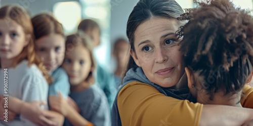 A mother and daughter embrace in a classroom, showcasing the strong bond and affection between them.