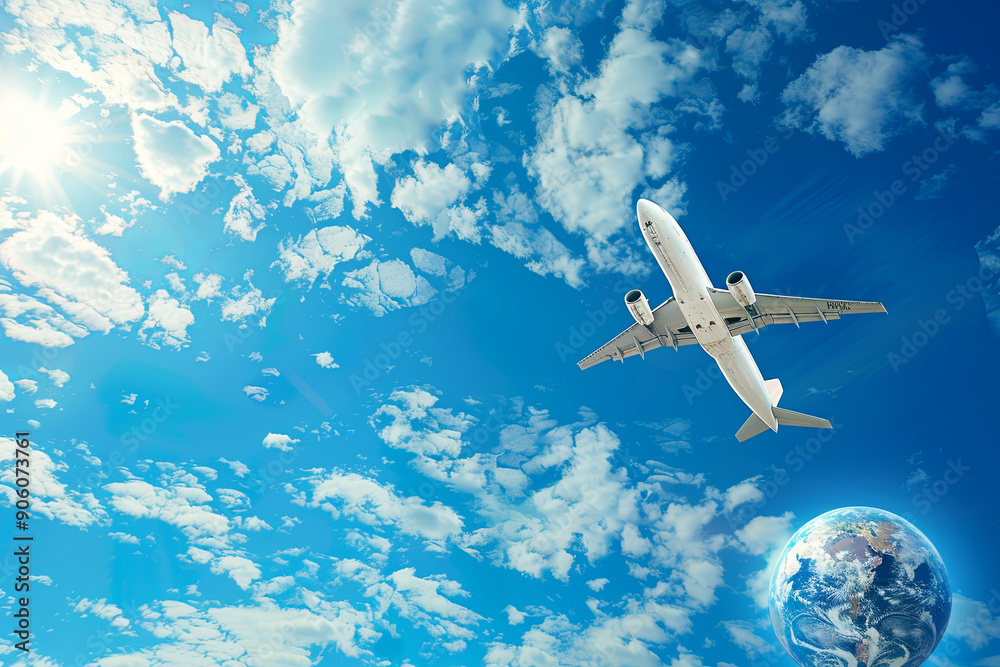 Fototapeta premium Travel concept with airplane in flight against a blue sky with a globe