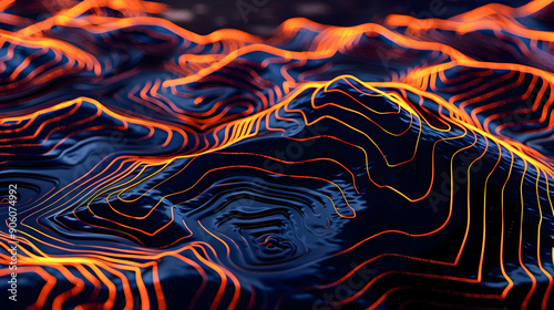 A futuristic digital rendering of a topographic landscape with vibrant glowing orange lines tracing the intricate contours of the terrain