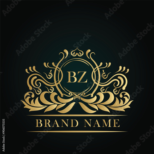 BZ golden letter logo. BZ logo initial Luxury ornament emblem. Golden template for cafe, bars, boutiques, invitations. Logo for business. Vintage elements. 