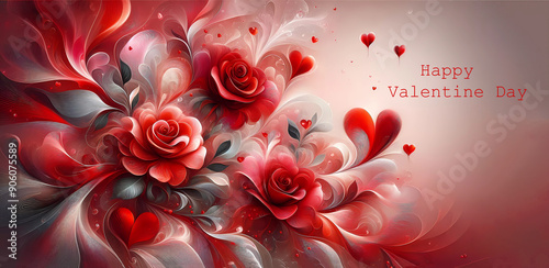 Happy Valentine's Day on a gentle red background. Red Roses and Hearts AI Generated
