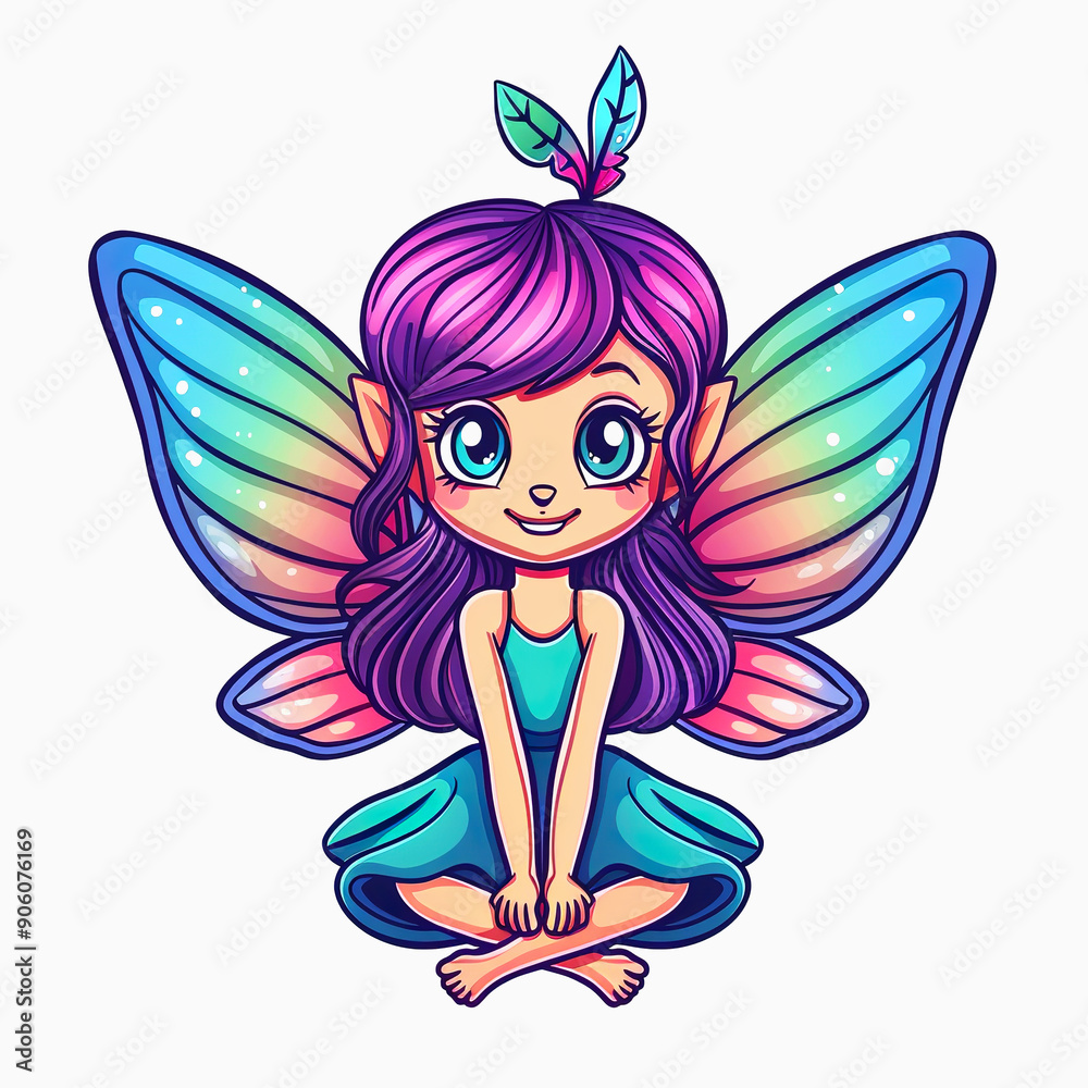 Cartoon Fairy with Rainbow Wings Sitting with Crossed Legs Cartoon Fairy with Rainbow Wings Sitting with Crossed Legs