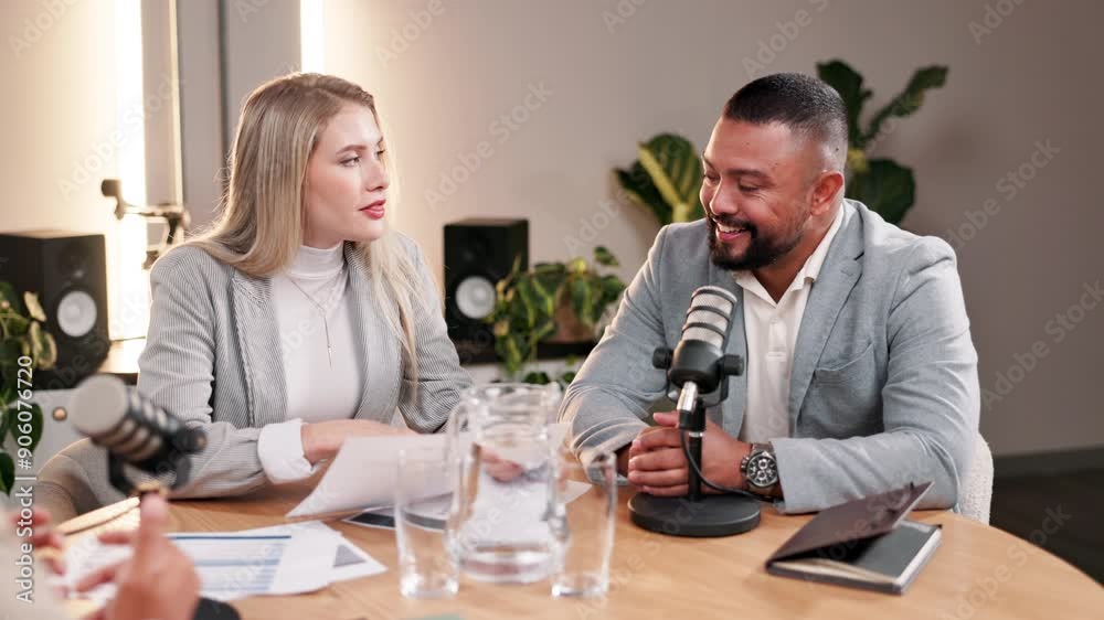 Podcast, interview and people with paper in discussion for talk show, recording and celebrity news update. Broadcast, info and host with mic at desk for live streaming, meeting and content creation Podcast, interview and people with paper in discussion for talk show, recording and celebrity news update. Broadcast, info and host with mic at desk for live streaming, meeting and content creation