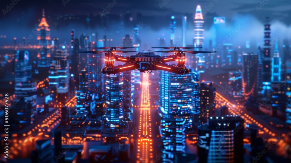 Fototapeta premium a microchip cityscape with drones flying above, symbolizing urban tech evolution.